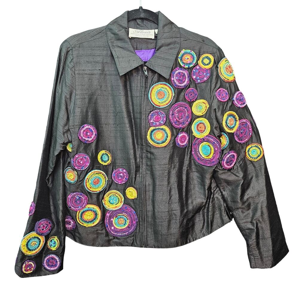 Alexis 100% Silk Jacket Womens Wearable Art Rainbow Colorful Beaded Full Zip